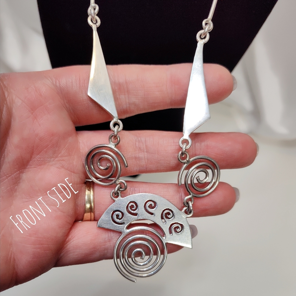 Vintage TAXCO Modernist Geometric Swirls Solid Sterling Silver Necklace 20 Inch - Picture 4 of 11